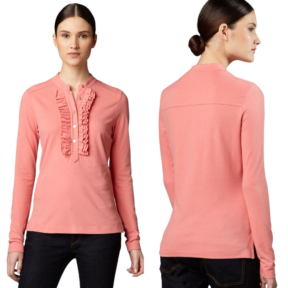 Tory Burch Coral Romilly Polo Long Sleeve Top Ruffled Preppy Chic Size Small